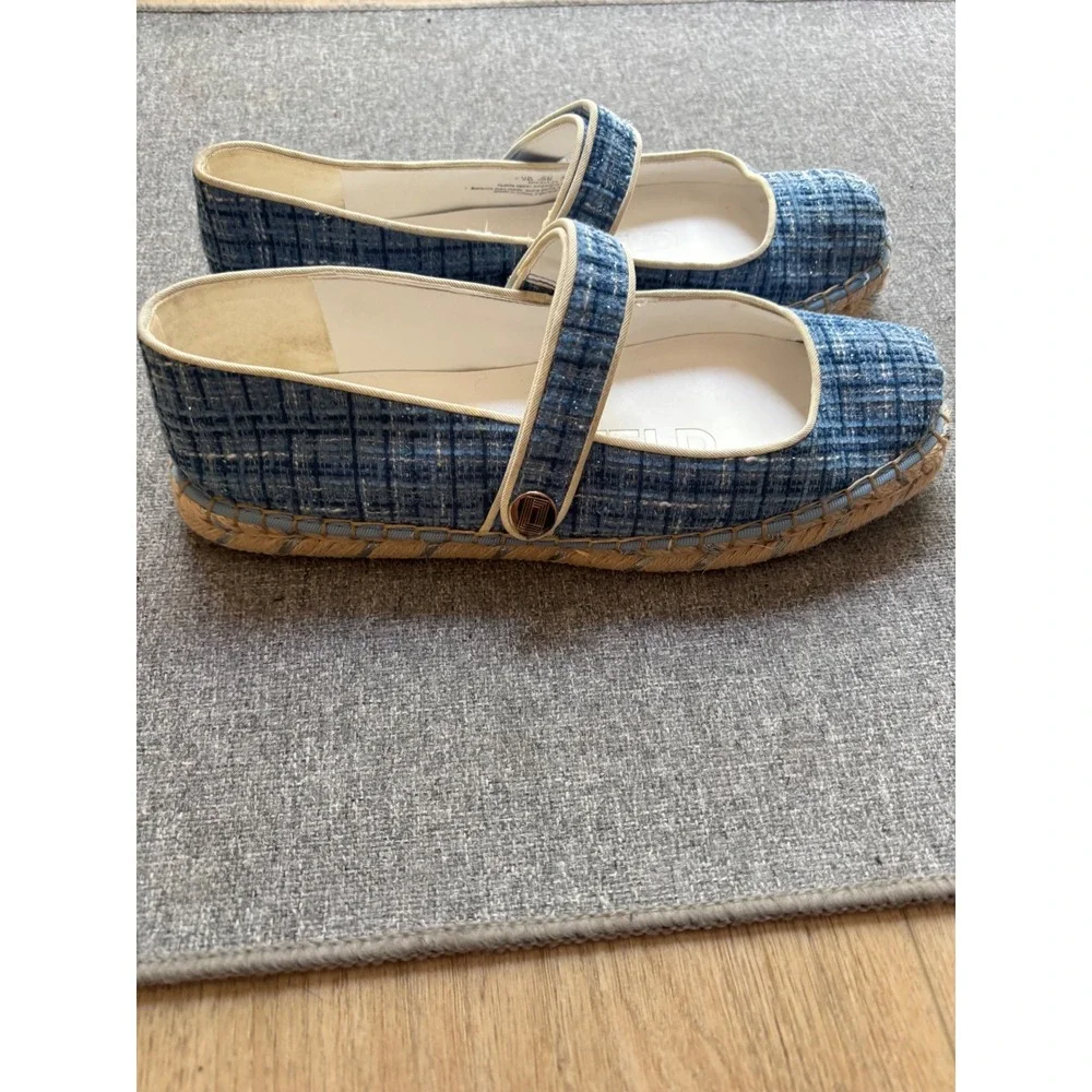 Karl Lagerfeld Paris Mikai Blue Tweed Espadrille Mary Jane Flats US 7.5M